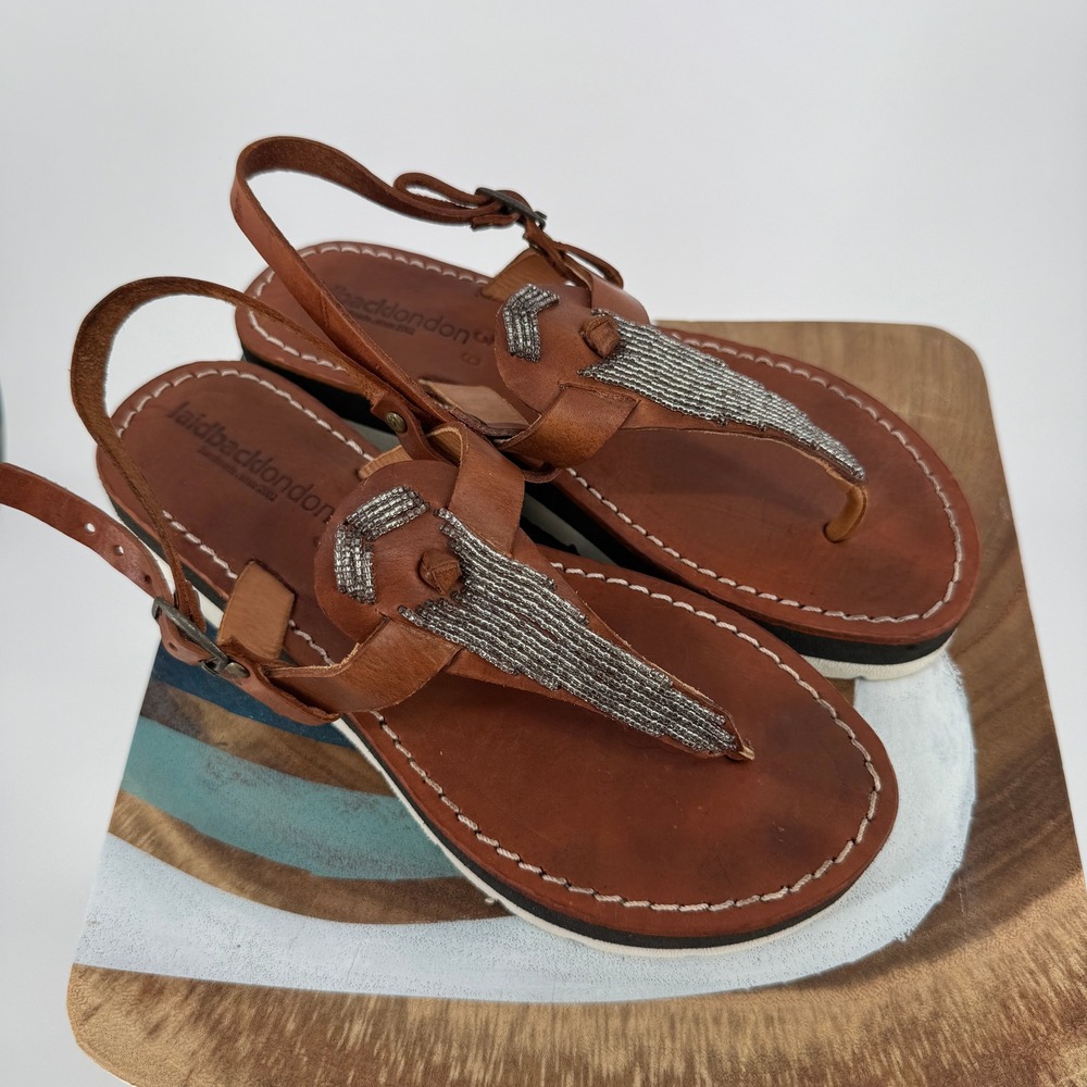 Laidback London Platform Sandals 39 Womens Leather Beaded Boho Gladiator Brown